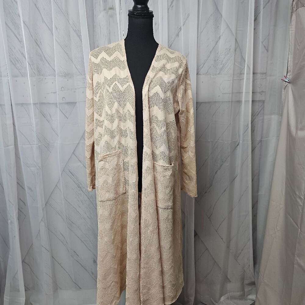 LuLaRoe Cream Lace Crochet Open Longline Duster Kimono Jacket Cardigan M
